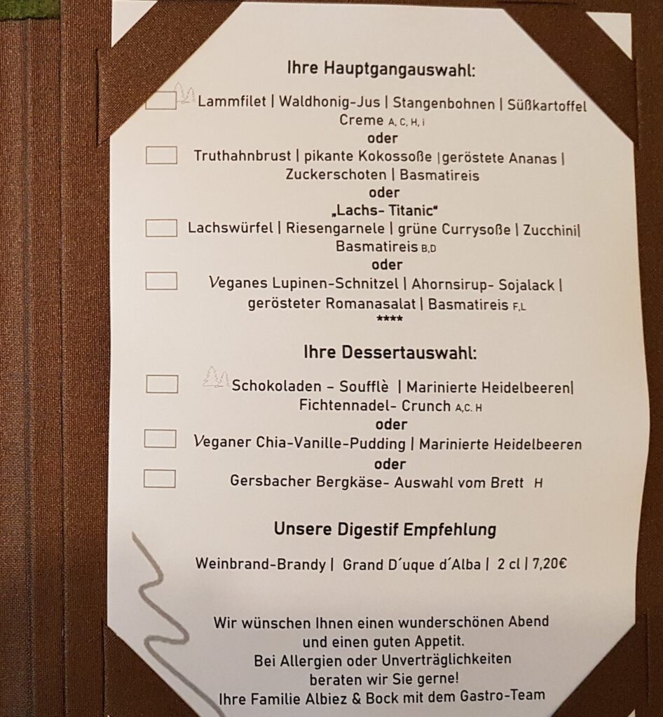 Menükarte im Waldhotel Notschreipass